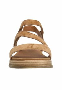 Tan suede sandal with three wide straps, open toe design, flat sole, and a textured midsole. Front view highlights simplicity and comfort.