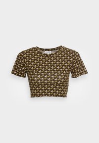 Brown cropped t-shirt with short sleeves, featuring a repetitive pattern in cream and light green. Soft texture with a round neckline.