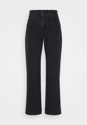 Black denim jeans with a high waist, straight leg design, and subtle stitching details along the seams. No pockets visible.