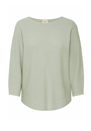 Hellgrüner, gestrickter Pullover mit rundem Halsausschnitt, 3/4-Ärmeln und geschwungener Saumlinie. Strukturiertes Material mit einem gerippten Muster.