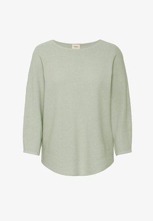 Jasnozielony sweter z dzianiny z okrągłym dekoltem, rękawami do łokcia i zaokrąglonym dołem. Teksturowana tkanina z prążkowanym wzorem.