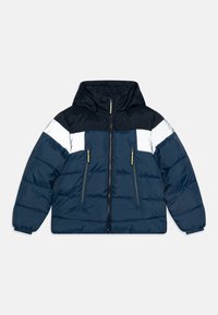 Doudoune marine avec capuche noire, bloc de couleur blanc et marine, deux poches zippées et poignets élastiques pour plus de chaleur.