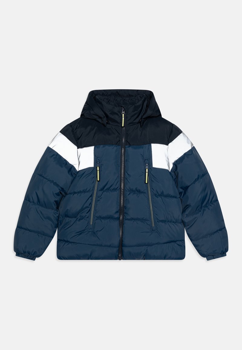 Doudoune marine avec capuche noire, bloc de couleur blanc et marine, deux poches zippées et poignets élastiques pour plus de chaleur.