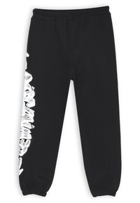 Pantaloni della tuta neri con vita elastica e polsini arricciati; presentano un testo in stile graffiti bianco sul lato sinistro. Realizzati in tessuto morbido.
