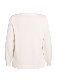 Maglione bianco con un pattern testurizzato a nido d'ape. Presenta un collo rotondo e maniche lunghe con polsini e orlo a coste. Design semplice e neutro.