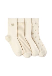 Fire par cremefarvede sokker: én med hjerte mønster, én stribet og to med små hjerte accenter. Blødt bomuldsblandingsmateriale.