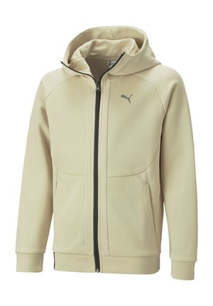 Hellbeige Zip-Up-Hoodie mit Kapuze, aus einem glatten Stoff gefertigt. Verfügt über zwei Fronttaschen und ein kleines schwarzes Logo auf der linken Brust.