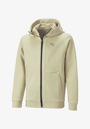 Hoodie zippé beige clair avec capuche, fabriqué en tissu lisse. Comprend deux poches avant et un petit logo noir sur la poitrine gauche.