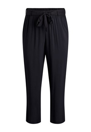 Sorte løstsiddende bukser med elastisk talje og stofbånd foran, med lige ben og blødt, let materiale.