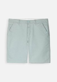 Shorts gris clair en tissu de coton mélangé, dotés de poches avant, d'une fermeture à bouton et d'une coupe droite. Design simple sans motifs.