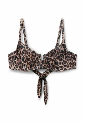 Top de bikini con estampado de leopardo, copas con aro, tirantes ajustables y cierre delantero con nudo.