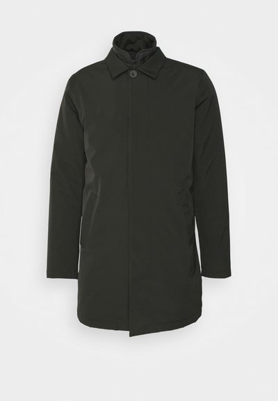 Sort, mellemlang frakke med knaplukning, høj krave og sidelommer. Lavet af et glat, vandafvisende materiale. Uformelt design.