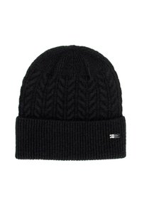 Czarna dziergana czapka z prążkowanym mankietem i teksturowanym wzorem warkocza na górze. Posiada małą etykietę z boku.