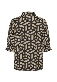 Schwarz-beige geometrisch gemusterte Bluse mit Kragen und gerafften Ärmeln, die einen kastigen Schnitt und eine weiche Textur aufweist.