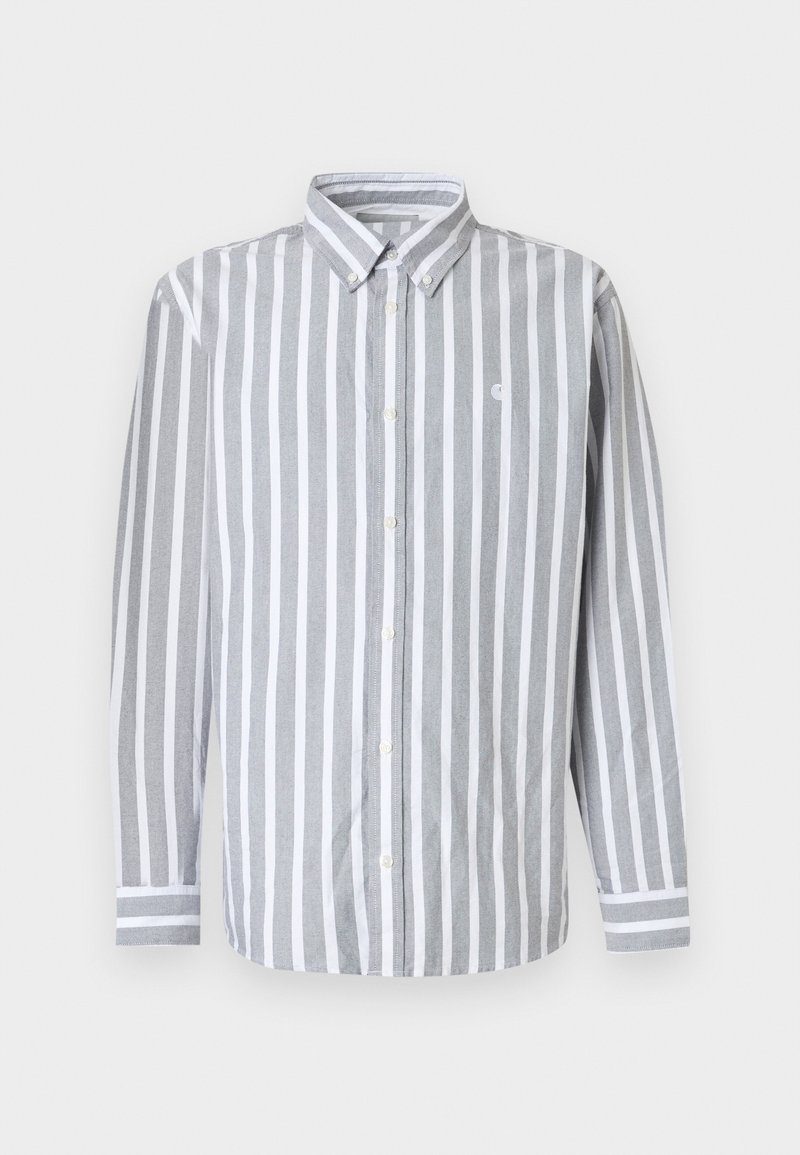 Camicia da uomo con bottoni, a righe verticali grigie e bianche, maniche lunghe e piccolo logo sul petto. Tessuto in cotone, colletto classico.