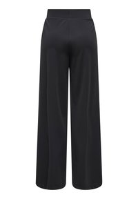 Μαύρο παντελόνι με φαρδιά μπατζάκια και ψηλή μέση, με λεία υφή υφανσματος και χωρίς ορατές τσέπες, εμφανιζόμενο από πίσω.