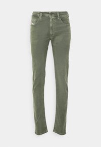 Jeans de mezcla de algodón verdes con un diseño de pierna recta, estilo de cinco bolsillos y costuras visibles. Presenta un cierre de botón y lazos para cinturón.