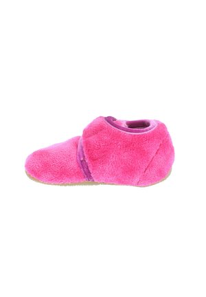 Fuzzy pink slipper with a soft texture, rounded toe, purple accents, and a flexible sole. Features a Velcro strap for secure fit.