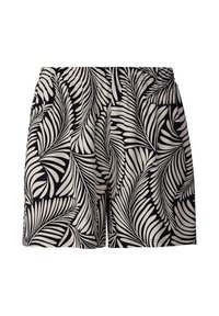Shorts noirs et crème avec un motif de feuilles, taille élastique et coupe ample, fabriqués en tissu léger.
