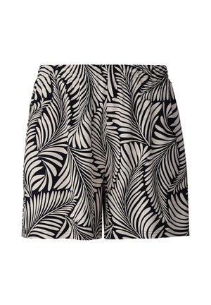 Zwarte en crèmekleurige shorts met een bladpatroon, elastische tailleband en een losse pasvorm, gemaakt van lichtgewicht stof.
