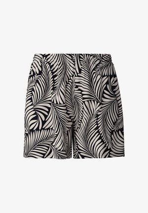 Zwarte en crèmekleurige shorts met een bladpatroon, elastische tailleband en een losse pasvorm, gemaakt van lichtgewicht stof.