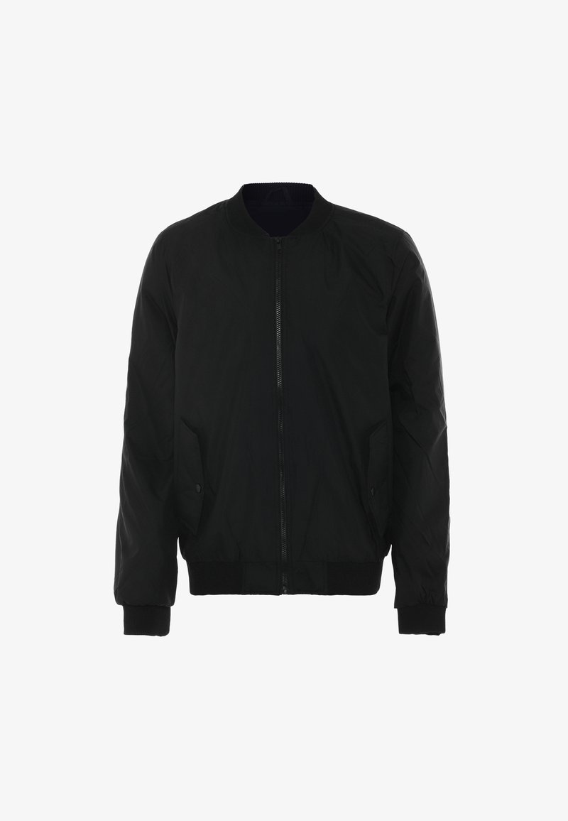 Schwarze Bomberjacke aus leichtem Stoff, mit Reißverschluss vorne, gerippten Bündchen und Saum sowie seitlichen Taschen. Glatte Textur, minimalistisches Design.