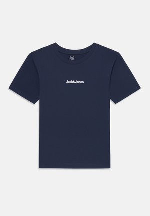 Navy blue cotton t-shirt with short sleeves, round neckline, and a white "Jack&Jones" logo printed at the chest. No patterns or additional accents.