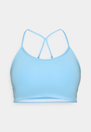 Soutien-gorge de sport bleu clair avec un design sans couture, bretelles doubles ajustables et un tissu lisse et extensible qui améliore le confort et la mobilité.
