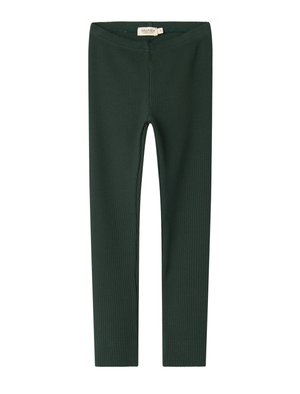 Tmavozelené rebrované legíny pre deti s elastickým pásom, veľkosť 5 rokov, položené na bielom pozadí.