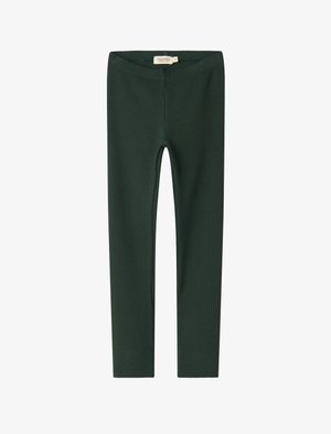 Mørkegrønne ribbede leggings til barn med elastisk liv, størrelse 5 år, lagt flatt ut på hvit bakgrunn.