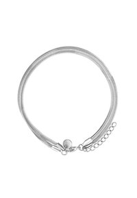 Collana in rete d'argento con doppie cinghie, finitura liscia e chiusura circolare con catena regolabile per personalizzare la lunghezza.