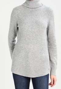 Grauer Rollkragenpullover aus weichem Material, mit figurbetontem Design und leicht abgerundetem Saum. Lange Ärmel und minimalistische Details.