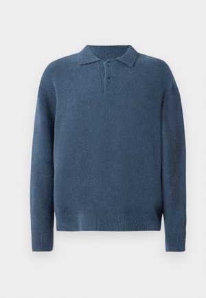 Knitted blue pullover sweater with a textured finish, featuring a collar and two button placket, long sleeves, and ribbed hem and cuffs.