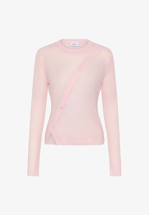 Hellroséfarbener Cardigan mit langen Ärmeln, diagonaler Knopfverschlüsse, geripptem Rundhalsausschnitt und Saum sowie weichem, leicht transparentem Stoff.