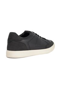 Black leather sneaker with a low-cut design, rounded toe, white rubber sole, and subtle stitching details on the sides and back.