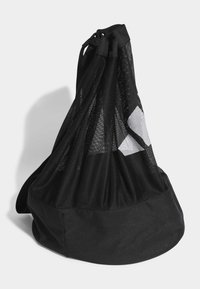 Zwarte mesh trekkoord tas met een volledig zwarte bodem. Beschikt over een zachte, gestructureerde mesh bovenkant en een duurzame stoffen basis, perfect voor verschillende toepassingen.