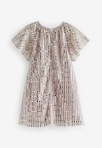 Glittrande klänning med korta ärmar, prydd med vertikala silver- och rosa ränder, tillverkad av lätt, texturerad tyg med rund halsringning.