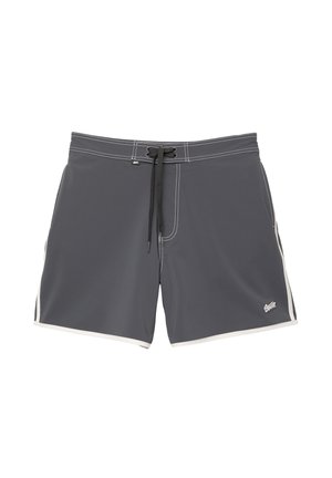 Grijze zwemshorts met een drawstring tailleband, witte accenten aan de zijkanten en contrasterende stiksels; logo op de lagere voorkant links.