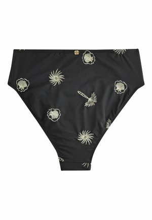 Čierne vysoké bikini nohavičky s béžovými vyšívanými vzormi mušlí a morských rias rovnomerne rozloženými.