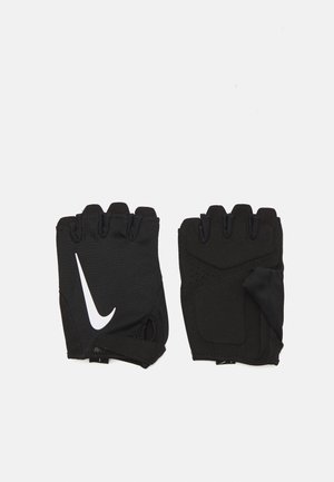 Zwarte vingerloze fitnesshandschoenen van ademend materiaal, met een wit Nike-logo, gevoerde handpalmen en een open polsontwerp voor flexibiliteit.