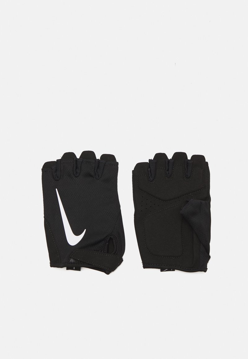 Black fingerless gym gloves made of breathable fabric, featuring a white Nike logo, padded palms, and an open wrist design for flexibility.