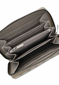 Zippered wallet in beige and gray, featuring multiple card slots, a zipped pocket, and smooth texture with contrasting stitching.