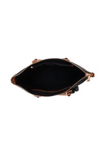 Sac à main noir et marron vu de dessus avec fermeture éclair supérieure ouverte montrant un intérieur spacieux et une petite poche intérieure zippée.