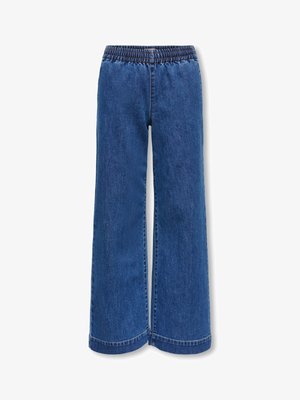 Pantalon large en denim bleu avec taille élastique, sans poches visibles et ourlet droit sur fond blanc.