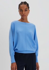 Maglione azzurro chiaro con scollatura a barca, maniche lunghe e vestibilità rilassata. Realizzato in un tessuto morbido con una superficie liscia e dettagli di cucitura minimi.