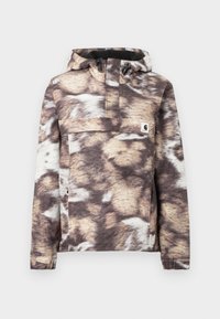 Bruin en beige patroon vest met capuchon, voorzien van een voorkantzak en verstelbare trekkoorden. Zachte textuur en lange mouwen.