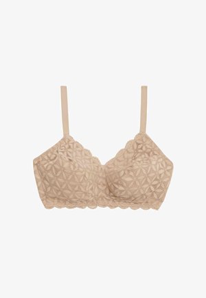 Lace bralette in nude, voorzien van bloemige patronen, gegolfde randen en verstelbare bandjes. Zachte textuur met een lichtgewicht ontwerp.