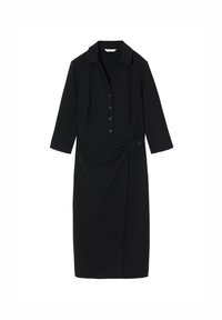 Schwarzes Kleid aus glattem Stoff, mit einem kragenförmigen Ausschnitt, Knopfverschluss, langen Ärmeln und einem drapierten Taillendetail mit einem Knopfakzent.