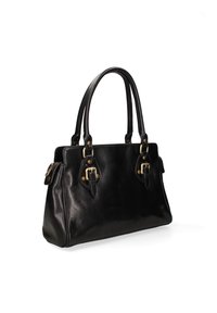 Sac à main en cuir noir avec deux poignées, boucles décoratives et coutures discrètes. Forme rectangulaire compacte avec texture lisse et accents dorés.