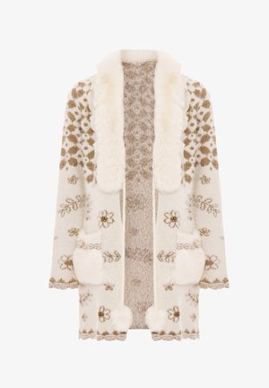 Crème kleurige cardigan met florale patronen in goud, voorzien van een faux bont kraag, dubbele voorzakken en textuur breiwerk.